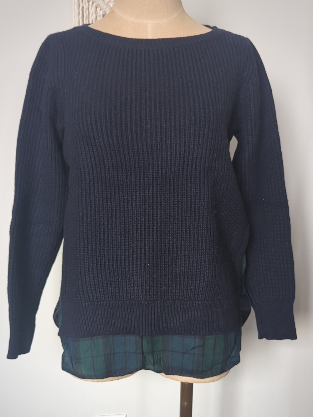 LOFT Navy Blue Crew Neck Sweater With Plaid Cutouts, Size S